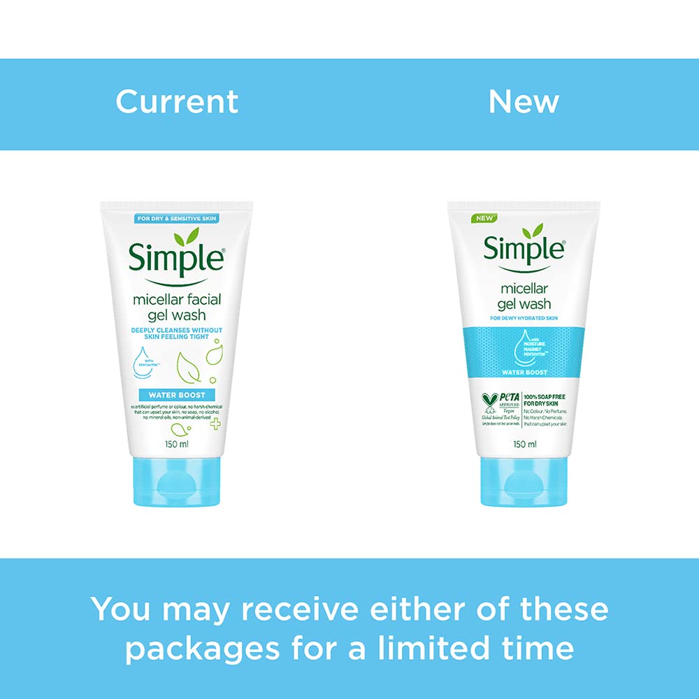 Simple Water Boost Micellar Facial Wash| 100% soap-free| No Soap| No Perfume| No Harsh Chemicals & Parabens| For Dry Skin Type, 150 ml