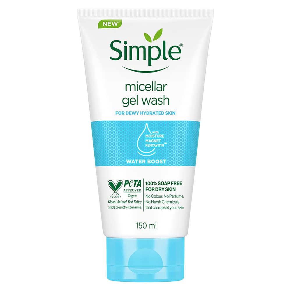 Simple Water Boost Micellar Facial Wash| 100% soap-free| No Soap| No Perfume| No Harsh Chemicals & Parabens| For Dry Skin Type, 150 ml