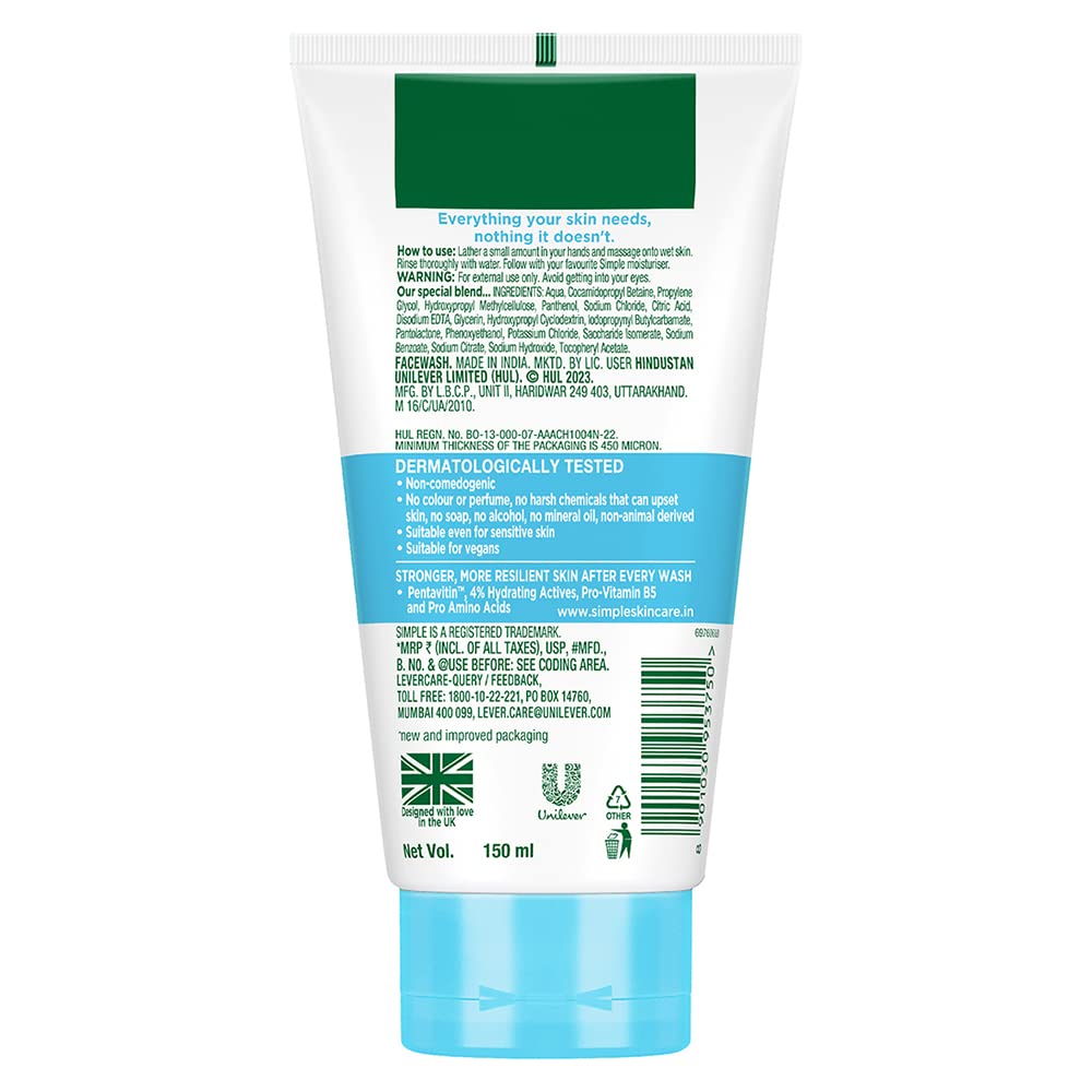Simple Water Boost Micellar Facial Wash| 100% soap-free| No Soap| No Perfume| No Harsh Chemicals & Parabens| For Dry Skin Type, 150 ml