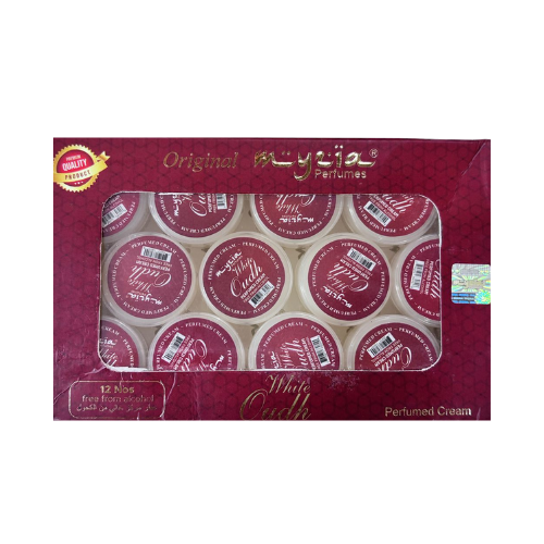 Myzia White Oud Perfumed Body Cream – 10g Each, Pack of 12 | Elegant, Soft Oud Fragrance