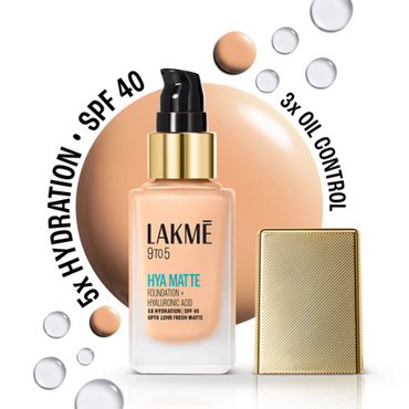 Lakmē 9to5 Hya Matte Foundation + Hyaluronic Acid - Hydrating Matte Foundation for All-Day Wear