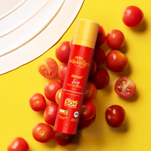 Aqualogica Detan+ Dewy Sunscreen SPF 50+ PA++++ | Cherry Tomato & HA – 50g