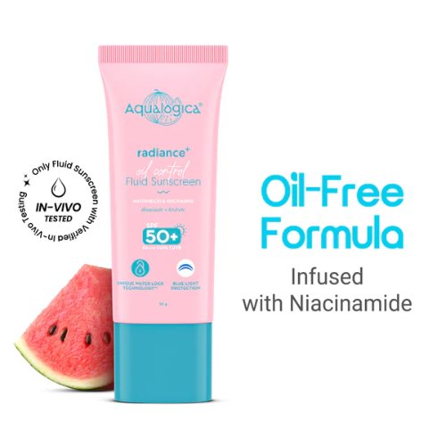 Aqualogica Radiance+ Oil Control Fluid Sunscreen SPF 50+ PA++++ – 50g | Matte & Brightening
