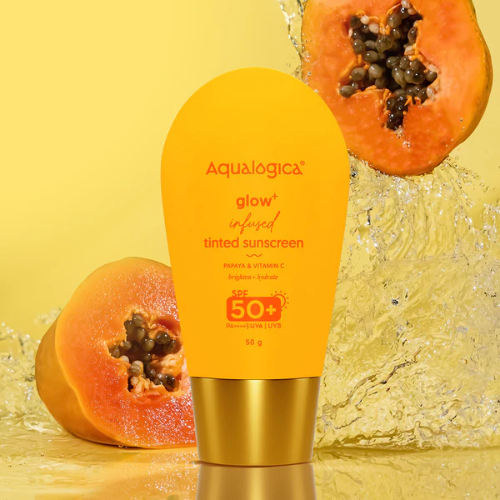 Aqualogica Glow+ Infused Tinted Sunscreen SPF 50+ PA++++ – 50g | Papaya & Vitamin C | Brightening & Lightweight
