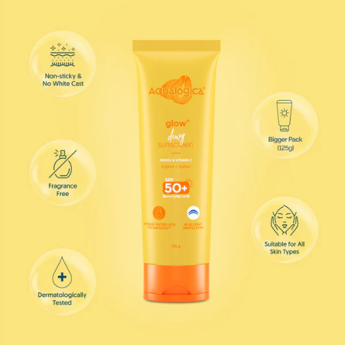 Aqualogica Glow+ Dewy Sunscreen SPF 50+ PA++++ – 125g | Hydrating & Brightening