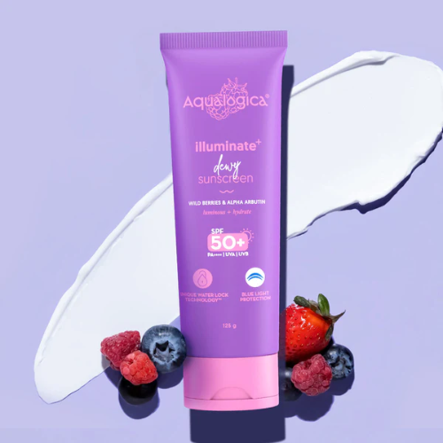 Aqualogica Illuminate+ Dewy Sunscreen SPF 50+ PA++++ – 125g | Wild Berries & Alpha Arbutin | Brightening & Hydrating