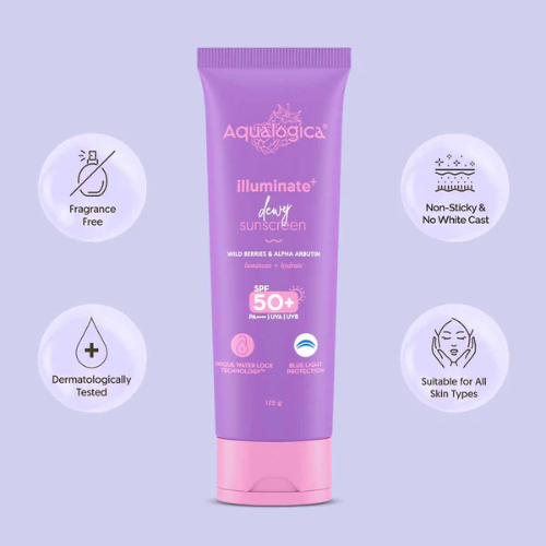 Aqualogica Illuminate+ Dewy Sunscreen SPF 50+ PA++++ – 125g | Wild Berries & Alpha Arbutin | Brightening & Hydrating