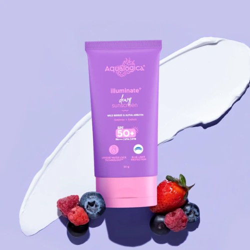 Aqualogica Illuminate+ Dewy Sunscreen SPF 50+ PA++++ – 30g | Wild Berries & Alpha Arbutin