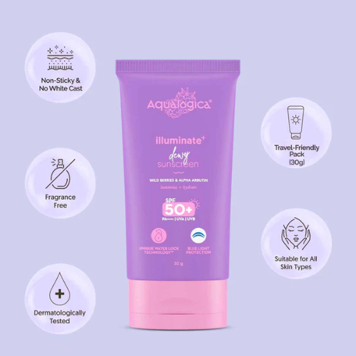 Aqualogica Illuminate+ Dewy Sunscreen SPF 50+ PA++++ – 30g | Wild Berries & Alpha Arbutin
