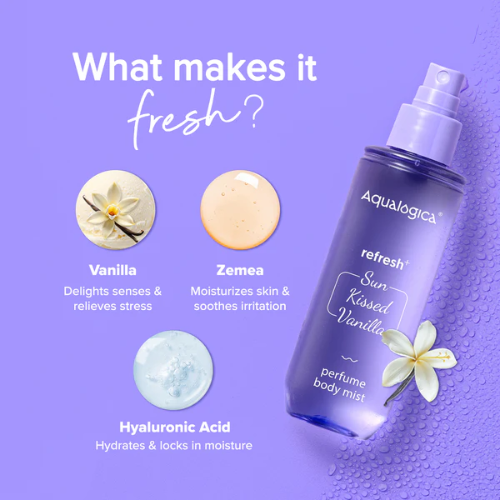Aqualogica Refresh+ Sun Kissed Vanilla Body Mist – 150ml | Zemea & Hyaluronic Acid | Hydrating & Fragrant