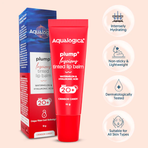 Aqualogica Crimson Candy Plump+ Luscious Tinted SPF 20+ Lip Balm with Watermelon & Hyaluronic Acid - 10g