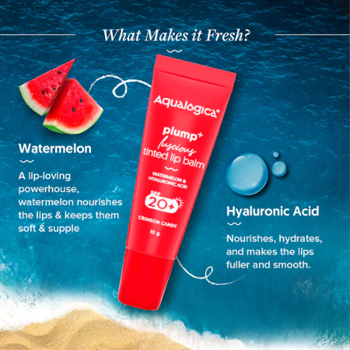 Aqualogica Crimson Candy Plump+ Luscious Tinted SPF 20+ Lip Balm with Watermelon & Hyaluronic Acid - 10g