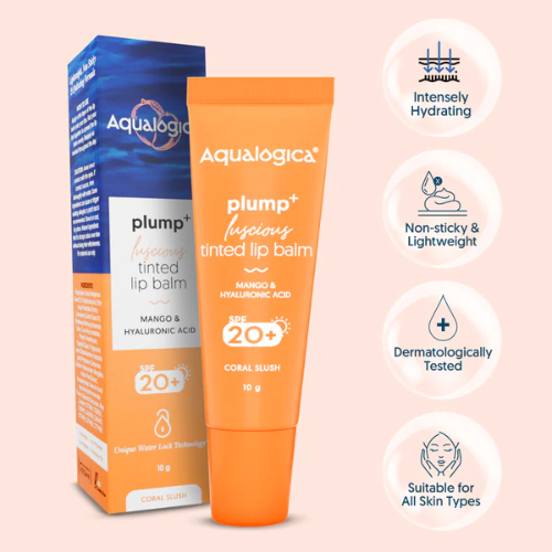 Aqualogica Coral Slush Plump+ Luscious Tinted SPF 20+ Lip Balm with Mango & Hyaluronic Acid - 10g