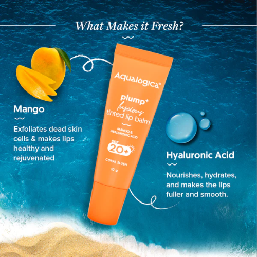 Aqualogica Coral Slush Plump+ Luscious Tinted SPF 20+ Lip Balm with Mango & Hyaluronic Acid - 10g