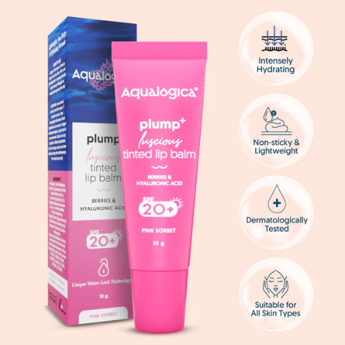 Aqualogica Pink Sorbet Plump+ Luscious Tinted SPF 20+ Lip Balm with Berries & Hyaluronic Acid - 10g