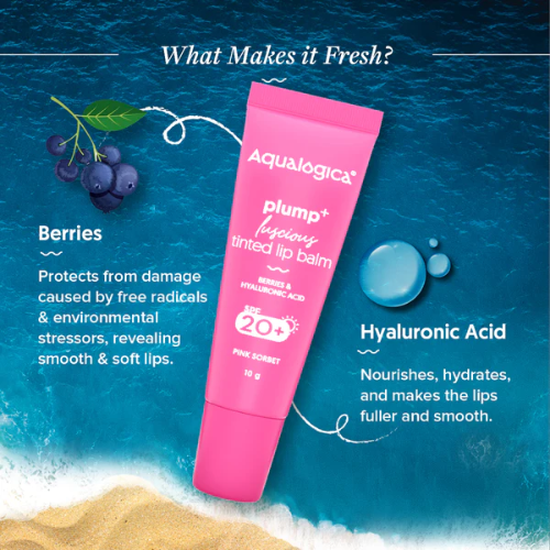 Aqualogica Pink Sorbet Plump+ Luscious Tinted SPF 20+ Lip Balm with Berries & Hyaluronic Acid - 10g