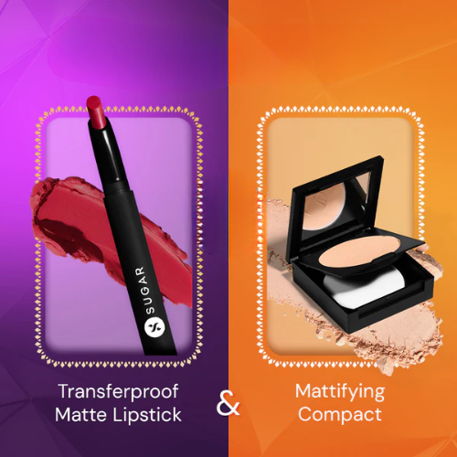 SUGAR Cosmetics Matte Attack Transfer proof Lipstick + Dream Cover SPF15 Mattifying Compact Powder