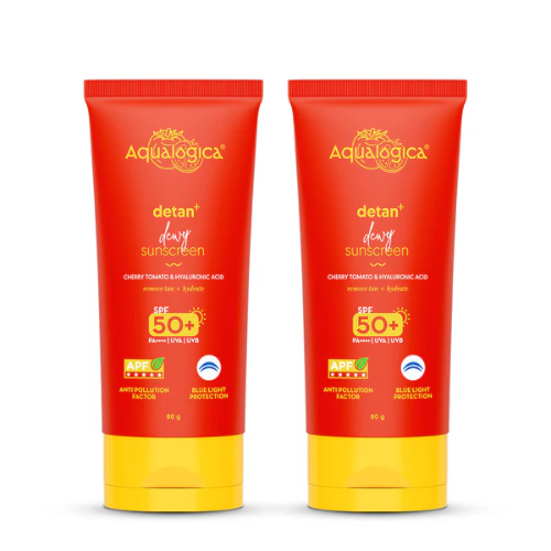 Aqualogica Detan+ Dewy Sunscreen SPF 50+ PA++++ with Cherry Tomato & HA - 80 g (Pack of 2)