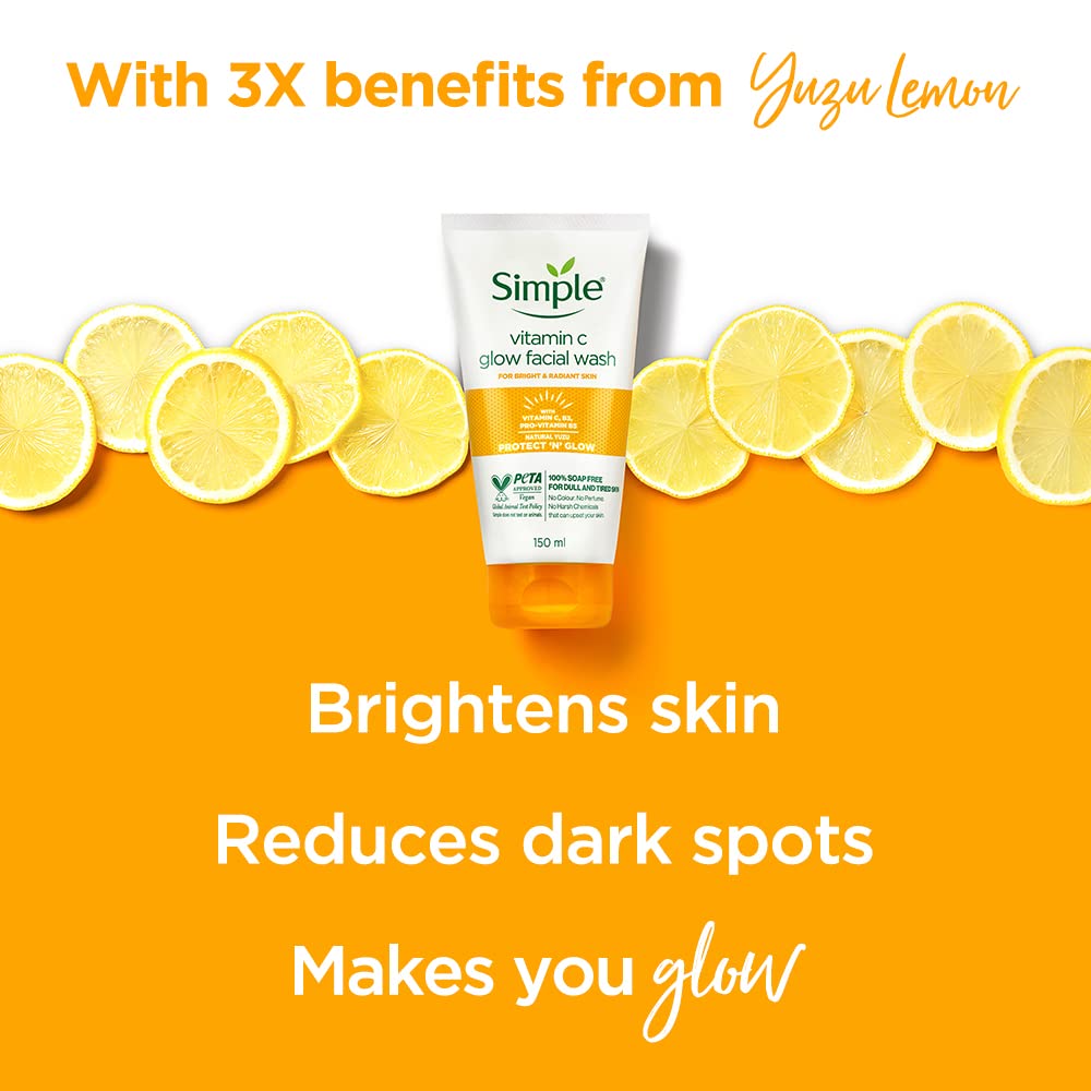 Simple Protect N Glow Vitamin C Glow Facial Wash 150ml | 100% Soap-Free Facewash | Get Bright & Radiant skin| For dull & tired skin