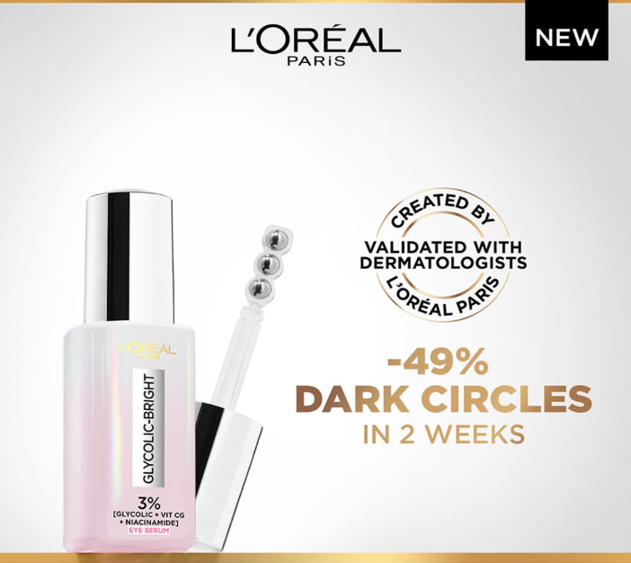 L'Oréal Paris Glycolic Bright Dark Circle Eye Serum – Brightening Under-Eye Serum with Caffeine & Niacinamide, 15ml