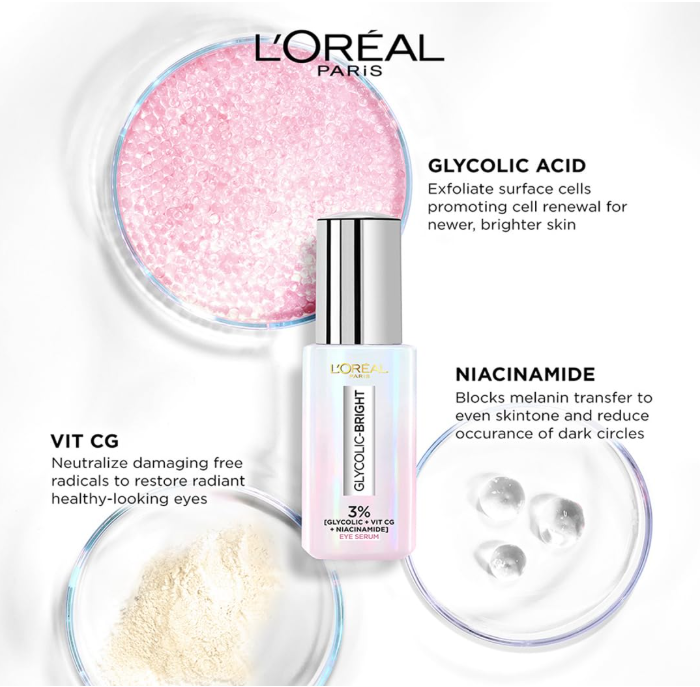 L'Oréal Paris Glycolic Bright Dark Circle Eye Serum – Brightening Under-Eye Serum with Caffeine & Niacinamide, 15ml
