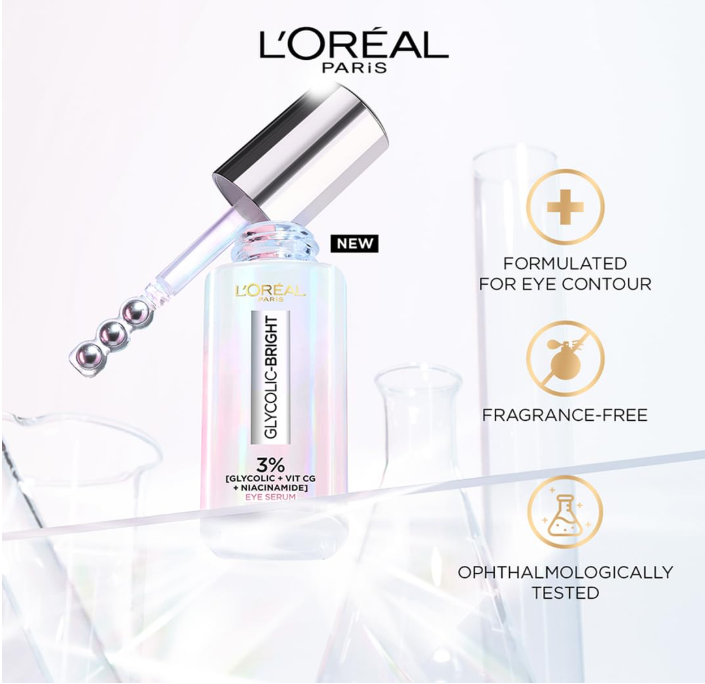 L'Oréal Paris Glycolic Bright Dark Circle Eye Serum – Brightening Under-Eye Serum with Caffeine & Niacinamide, 15ml