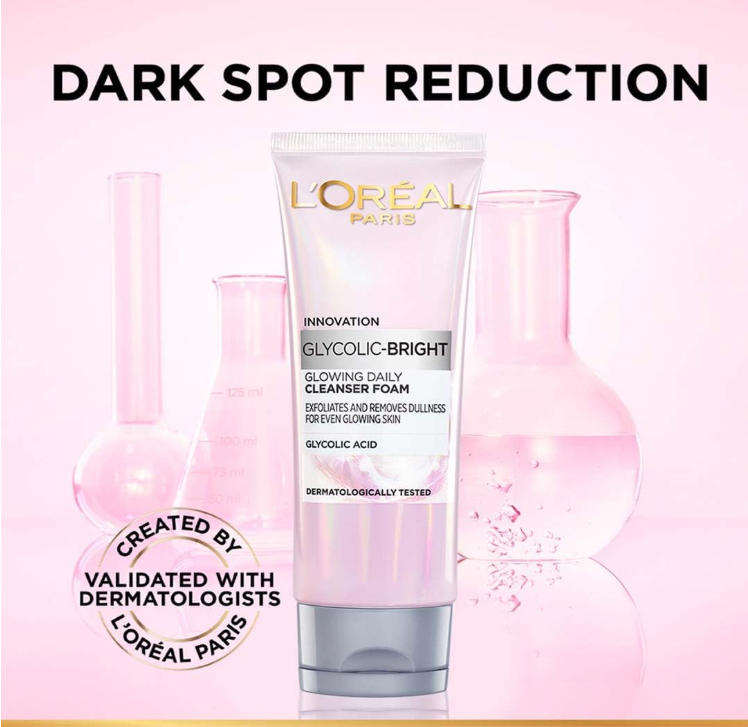 L'Oréal Paris Glycolic Bright Foaming Facial Cleanser – Brightening Face Wash with Glycolic Acid, 100ml