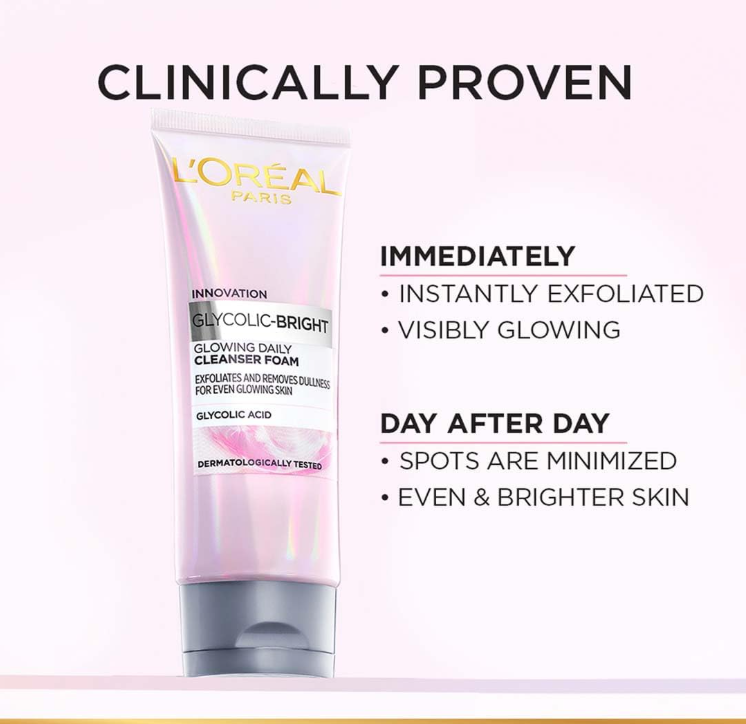 L'Oréal Paris Glycolic Bright Foaming Facial Cleanser – Brightening Face Wash with Glycolic Acid, 100ml
