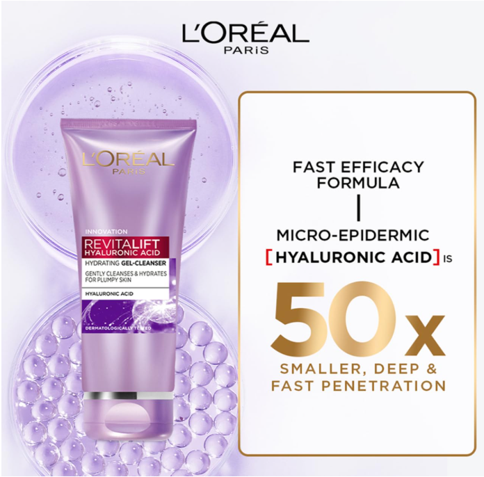 L'Oréal Paris Revitalift Hyaluronic Acid Hydrating Gel Cleanser – Deep Hydration & Gentle Cleansing, 100ml