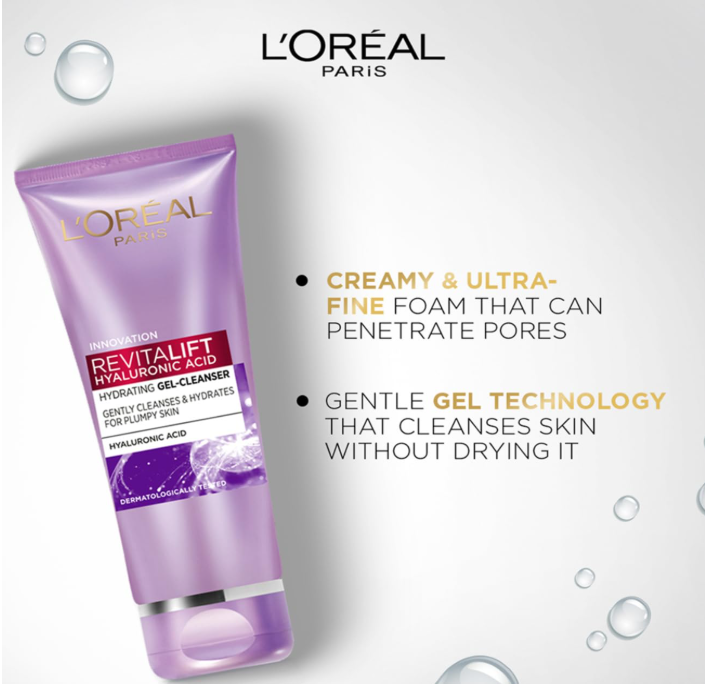 L'Oréal Paris Revitalift Hyaluronic Acid Hydrating Gel Cleanser – Deep Hydration & Gentle Cleansing, 100ml