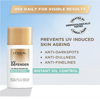 L’Oréal Paris UV Defender Serum Protector Matte & Fresh SPF 50+ PA++++ – Oil‑Control Dry Matte Sunscreen, 50ml