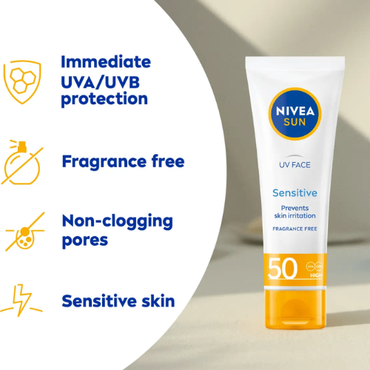 NIVEA SUN UV Face Sensitive Cream SPF 50 50ml| Gentle UV Protection