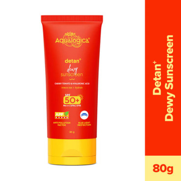 Aqualogica Detan+ Dewy Sunscreen SPF 50+ PA++++ | Anti-Pollution & Blue Light Protection – 80g
