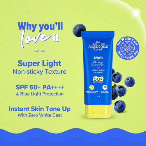Aqualogica Bright+ Tone Up Sunscreen SPF 50+ PA++++ – 50g | Brightening & Hydrating Sun Protection