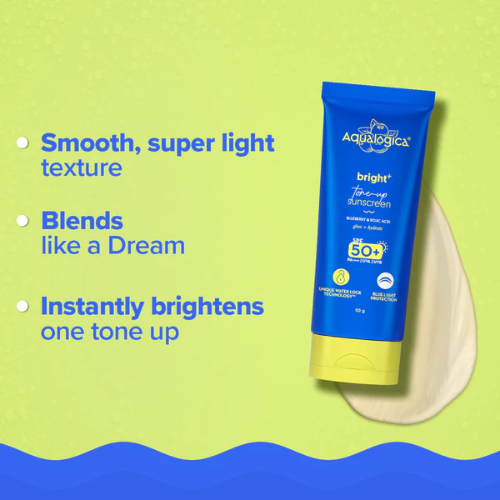 Aqualogica Bright+ Tone Up Sunscreen SPF 50+ PA++++ – 50g | Brightening & Hydrating Sun Protection