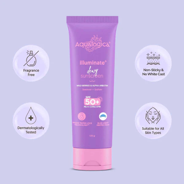 Aqualogica Illuminate+ Dewy Sunscreen SPF 50+ PA++++ – 125g | Wild Berries & Alpha Arbutin | Brightening & Hydrating