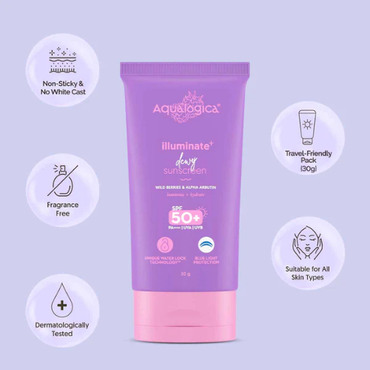 Aqualogica Illuminate+ Dewy Sunscreen SPF 50+ PA++++ – 30g | Wild Berries & Alpha Arbutin